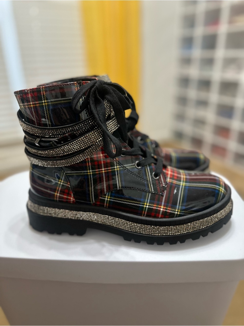 Plaid Rhinestone Combat Boots - Black Red Women’s Shoes